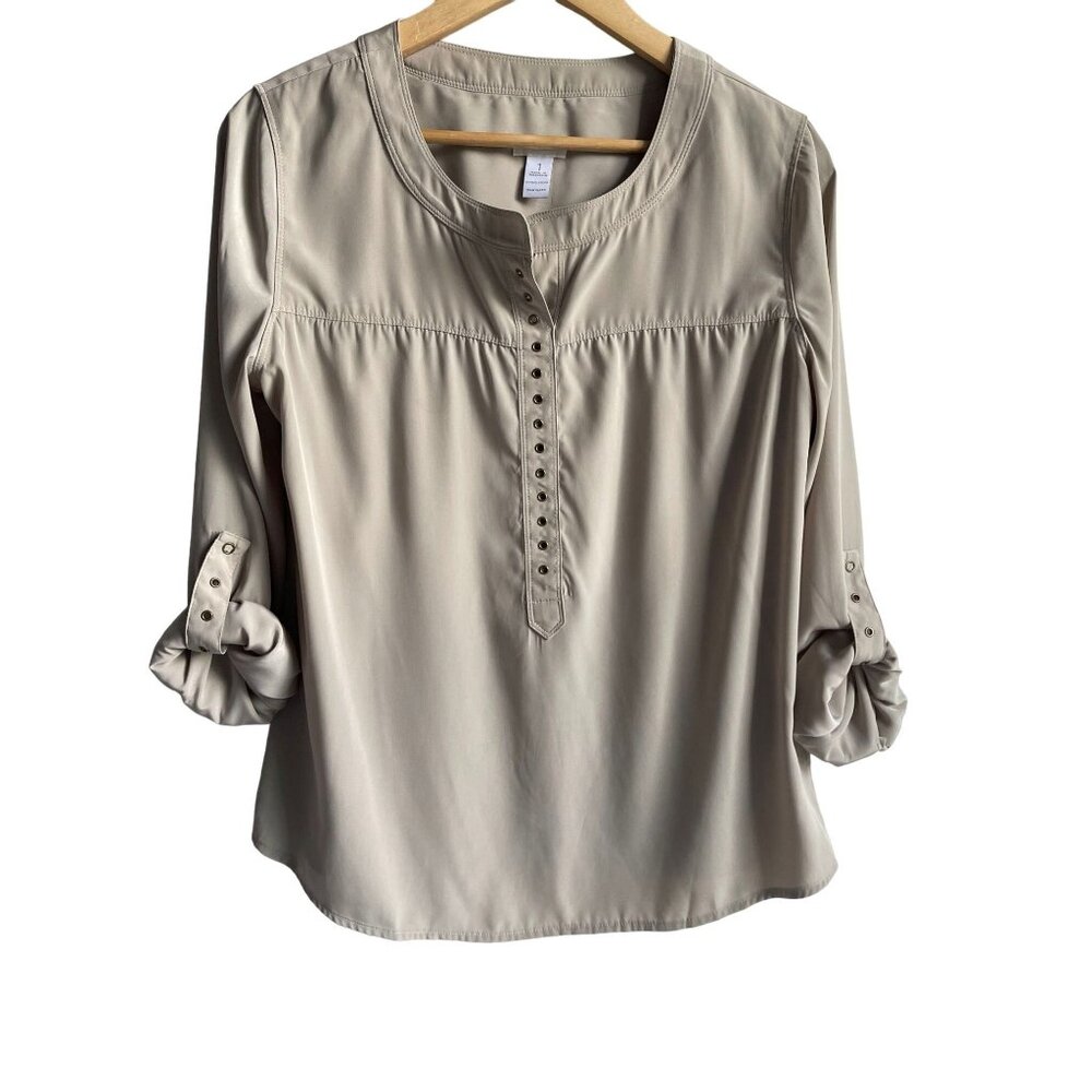 Chico's Size 1/US Medium Tan Basic Essential Popover Top Roll Tab Sleeves